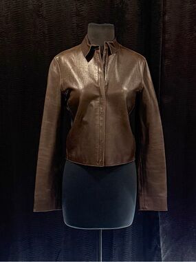 Calvin Klein Brown Leather Fitted Zip-Front Jacket